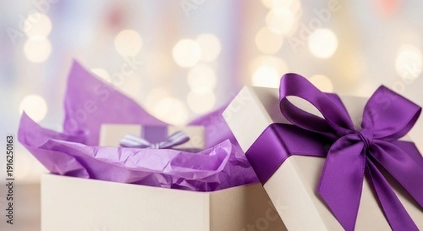 Obraz White Gift Boxes with Purple Ribbon.
