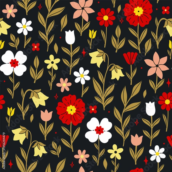 Fototapeta Seamless pattern with flowers on a dark background. Vector graphics.