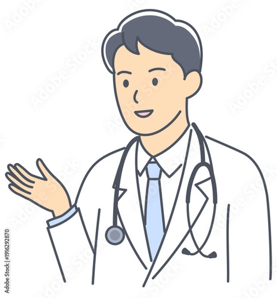 Obraz 説明をしている上半身の若い男性医師のイラスト
