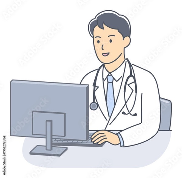 Obraz パソコンを操作する上半身の若い男性医師のイラスト