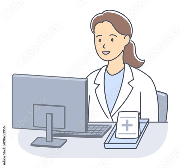 Obraz パソコンの前に座っている女性薬剤師