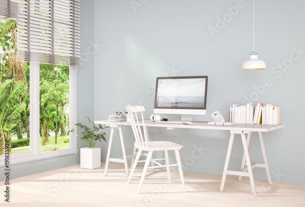 Obraz interior modern living room workspace with desk and laptop computer and green landscape in window. 3D rendering