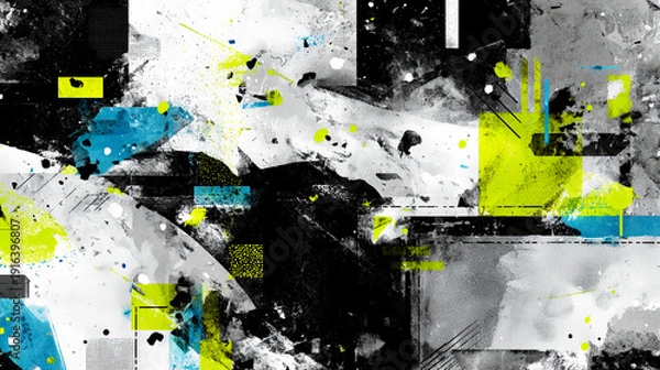 Obraz コンクリート壁に描かれた黄緑と水色と黒のグランジ・グラフィティ