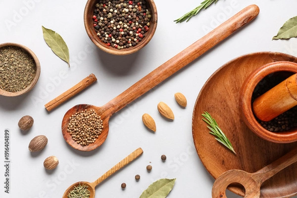 Obraz Composition with various aromatic spices on grey background