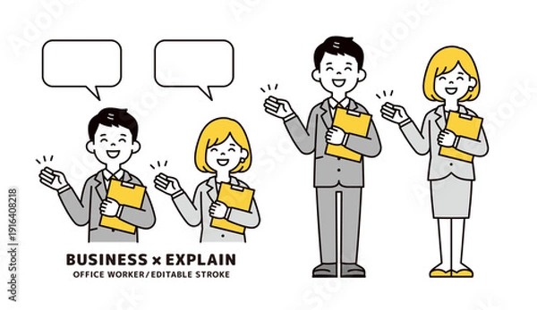 Obraz 資料を持って案内・紹介する若い男女のビジネスパーソンの上半身・全身ベクターイラスト素材セット