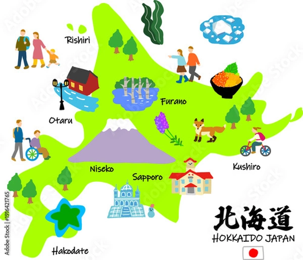 Obraz 北海道旅行、手描きの観光スポットと観光客フラットイラスト