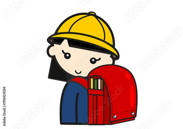 Obraz 赤いランドセルを背負って黄色い帽子をかぶった小学生の女の子 