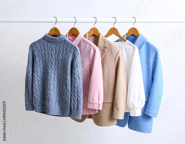 Obraz クローゼット内の白いバーに吊るされた冬物の衣類
