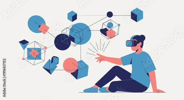 Obraz Man wearing virtual reality headset interacting with digital elements.