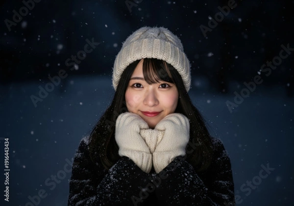 Obraz 雪が舞い散る夜にニット帽と手袋で防寒して微笑む女性