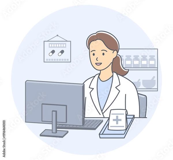 Obraz 薬局のパソコンの前でオンライン服薬指導をする女性薬剤師