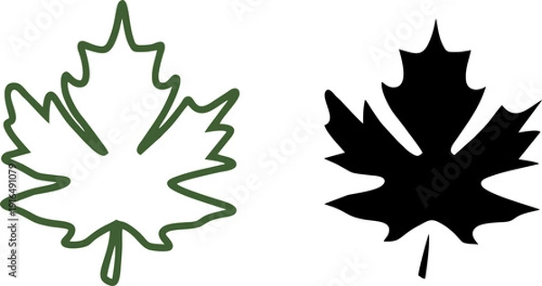 Fototapeta Green maple leaf outline and solid black silhouette set