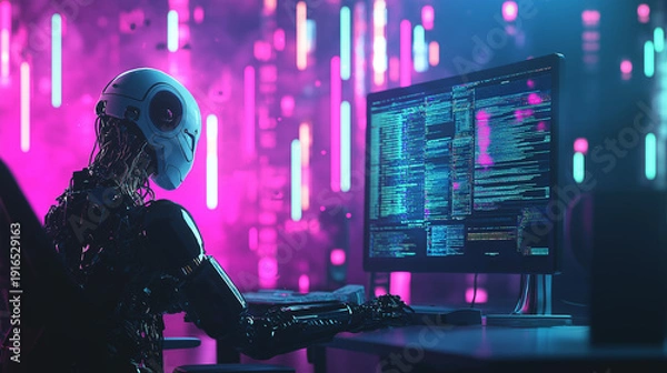 Obraz Futuristic Humanoid Robot working on Computer with complex Code on Screen
