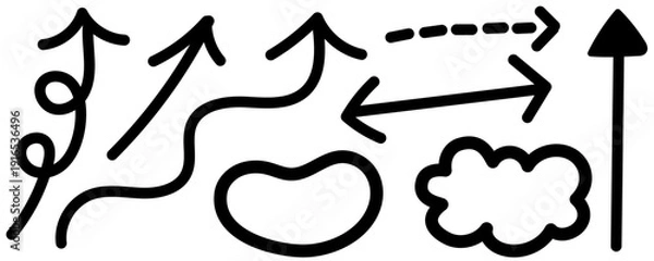 Obraz モノクロ、黒のやじるしセット　ベクターイラスト　線の太さ編集可能　手書き　白背景　透明　フレーム　線　広告　チラシ　雑誌