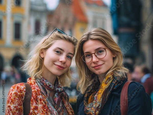 Fototapeta 海外旅行している女性二人組のセルフィー