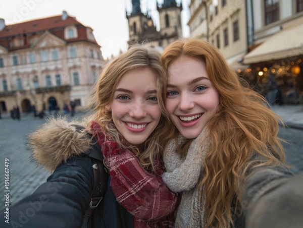 Fototapeta 海外旅行している女性二人組のセルフィー