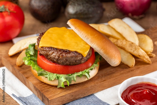 Obraz チーズをのせたビーフパティのハンバーガーとポテト