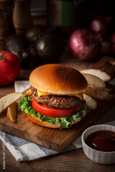 Obraz 暗い室内に置かれたチーズバーガーとフライドポテト