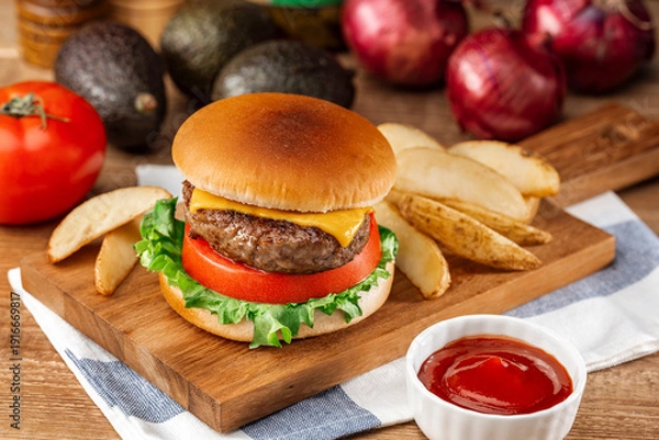 Obraz 木製ボードにのせたチーズバーガーとフライドポテト