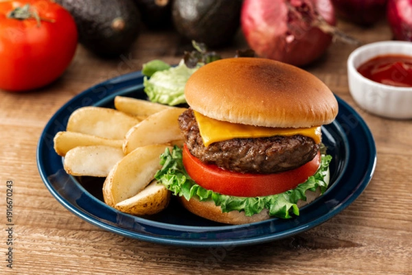 Obraz 木製テーブルに置かれたハンバーガーとフライドポテト
