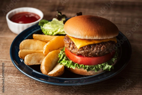 Obraz トマトとレタスを挟んだチーズバーガーのプレート