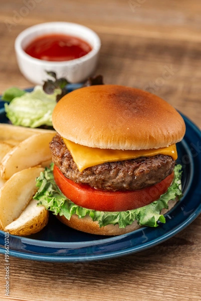Obraz チーズをのせたビーフパティのハンバーガーとポテト