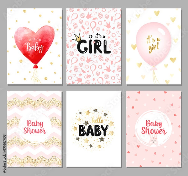 Fototapeta Vector set of 6 color baby shower cards for girls. It's a girl card. Hello baby card. Vector invitation with cute pattern, balloon, gift. Baby arrival and shower collection.
