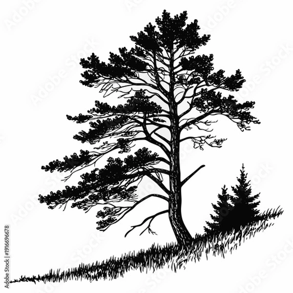 Obraz Dramatic Pine Tree Silhouette on Grassy Hill