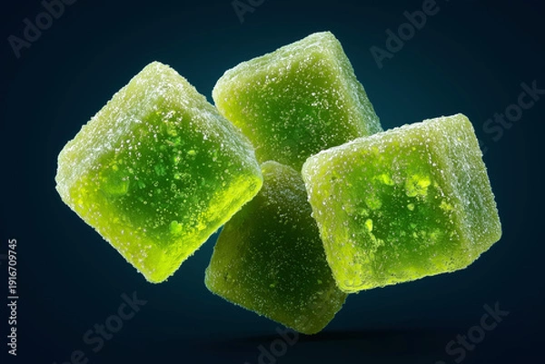 Fototapeta Three Floating Green Gummy Cubes Studio Lighting
