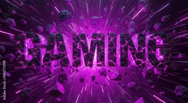 Fototapeta Dynamic 3d gaming text exploding with vibrant purple energy