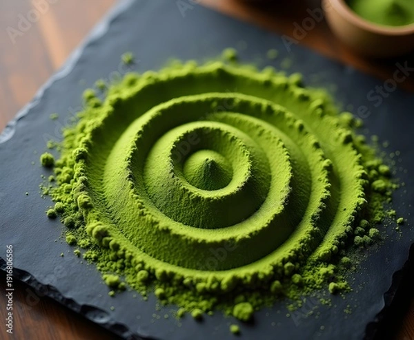 Obraz Matcha Powder Spiral Pattern on Slate Tray