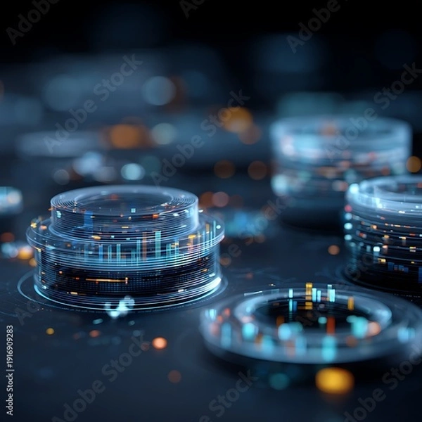 Obraz Digital urban skyline visualization with glowing blocks and technology image