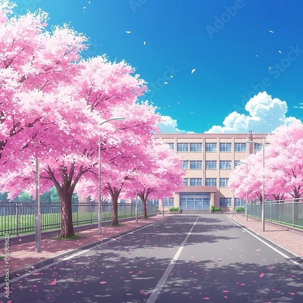 Obraz 桜並木の春の学校