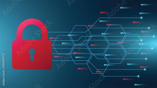 Obraz Digital cybersecurity concept with red padlock and hexagonal network connection background