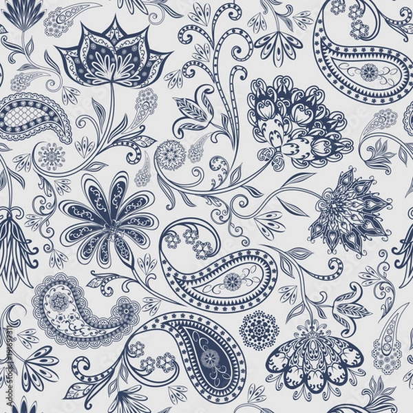 Obraz Abstract vintage pattern with decorative flowers, leaves and Paisley pattern in Oriental style.