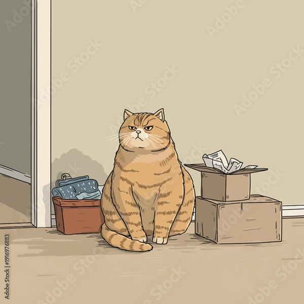 Obraz 荷物の発送に苦労する太った猫。