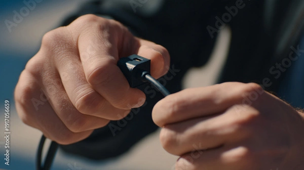 Obraz Person plugging in a power cable into an electronic device.