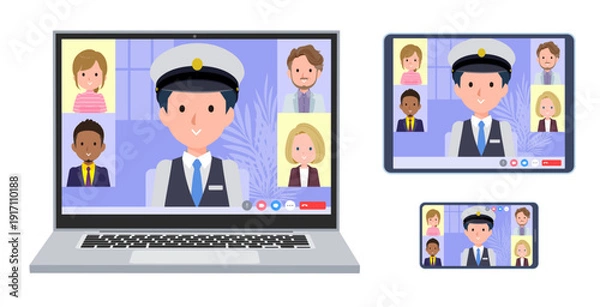 Fototapeta オンラインミーティングをしている運転手男性のセット