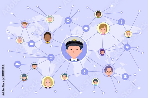 Fototapeta ソーシャルメディアで情報を発信している運転手男性のセット