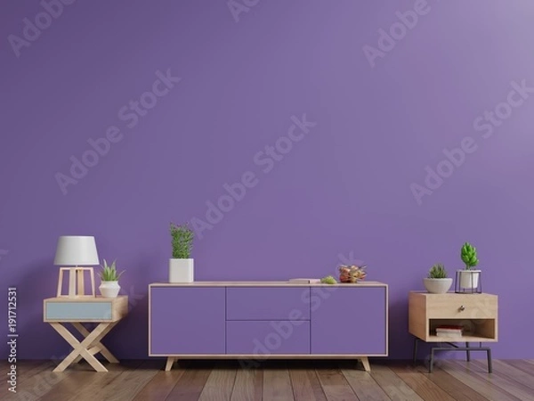 Fototapeta Tv cabinet with plants and lamp have wall ultra violet color of the year 2018 ,3D rendering