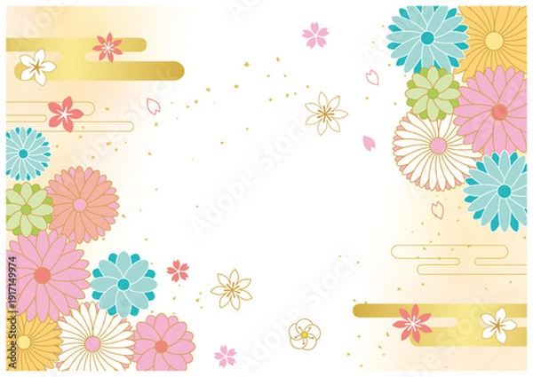 Obraz 花の和柄と和紙背景