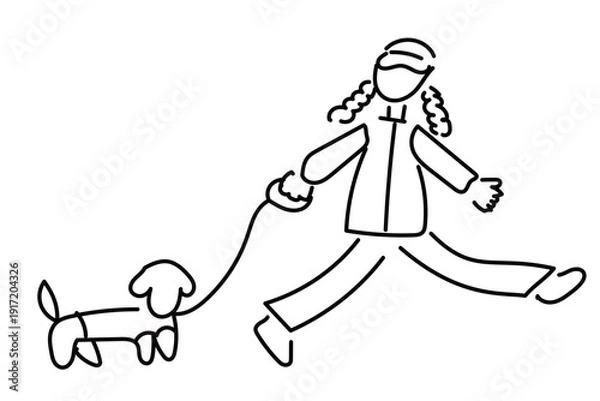 Obraz 犬の散歩をする女性のゆるかわいい線画イラスト