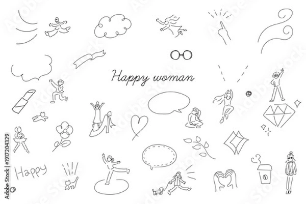 Obraz 線画の女性と装飾のイラストセット｜ミニマルでスタイリッシュな手描きイラスト