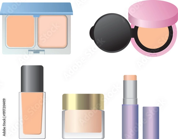 Obraz ファンデーションの種類セット（パウダー・クッション・リキッド・クリーム・スティック）カラフルタイプ
