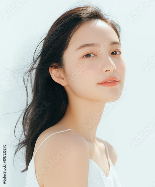 Obraz 美容, 女性, スキンケア, 化粧品, ビューティー, 若い女性, 美肌, 日本人, アジア人, フェイシャル, メイク, 美容液, 保湿, クリーム, エイジングケア, 美容医療, エステ, 美容クリニック, 肌ケア, ナチュラルメイク, 透明感, ツヤ肌, モデル, 笑顔, ポートレート, クローズアップ, リラックス, 癒し, 健康的, 美白, コラーゲン, ヒアルロン酸, アンチエイジング