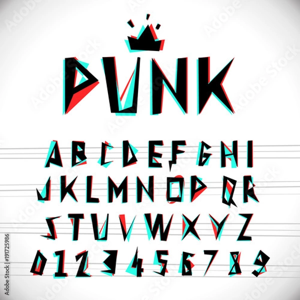 Fototapeta Font with glitched stereo effect. Vector distorted alphabet.
