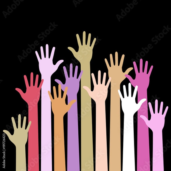 Fototapeta Colorful up hands on black background. Vector illustration