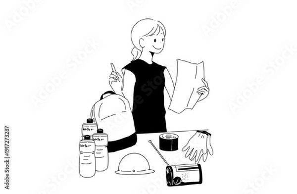 Obraz 防災グッズをリュックに詰める女性のイラスト　備蓄の点検と準備　手書きベクター素材
