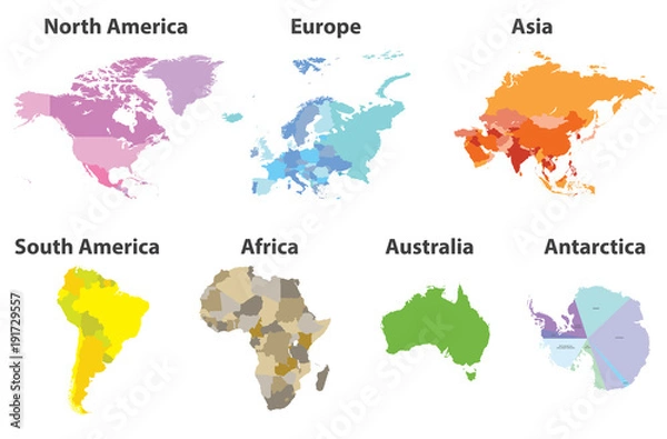 Fototapeta wektor zestaw map politycznych wszystkich kontynentów na białym tle