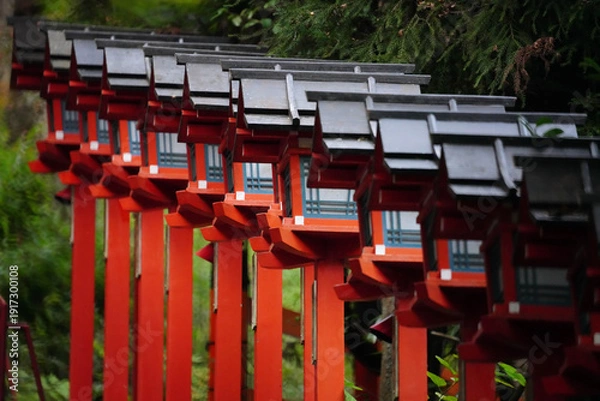 Obraz 京都貴船神社の参道の朱塗りの灯籠